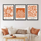 Set of 3 Matisse and William Morris Dark Orange Floral Framed Art Prints in Luxury Frames | Artze UK