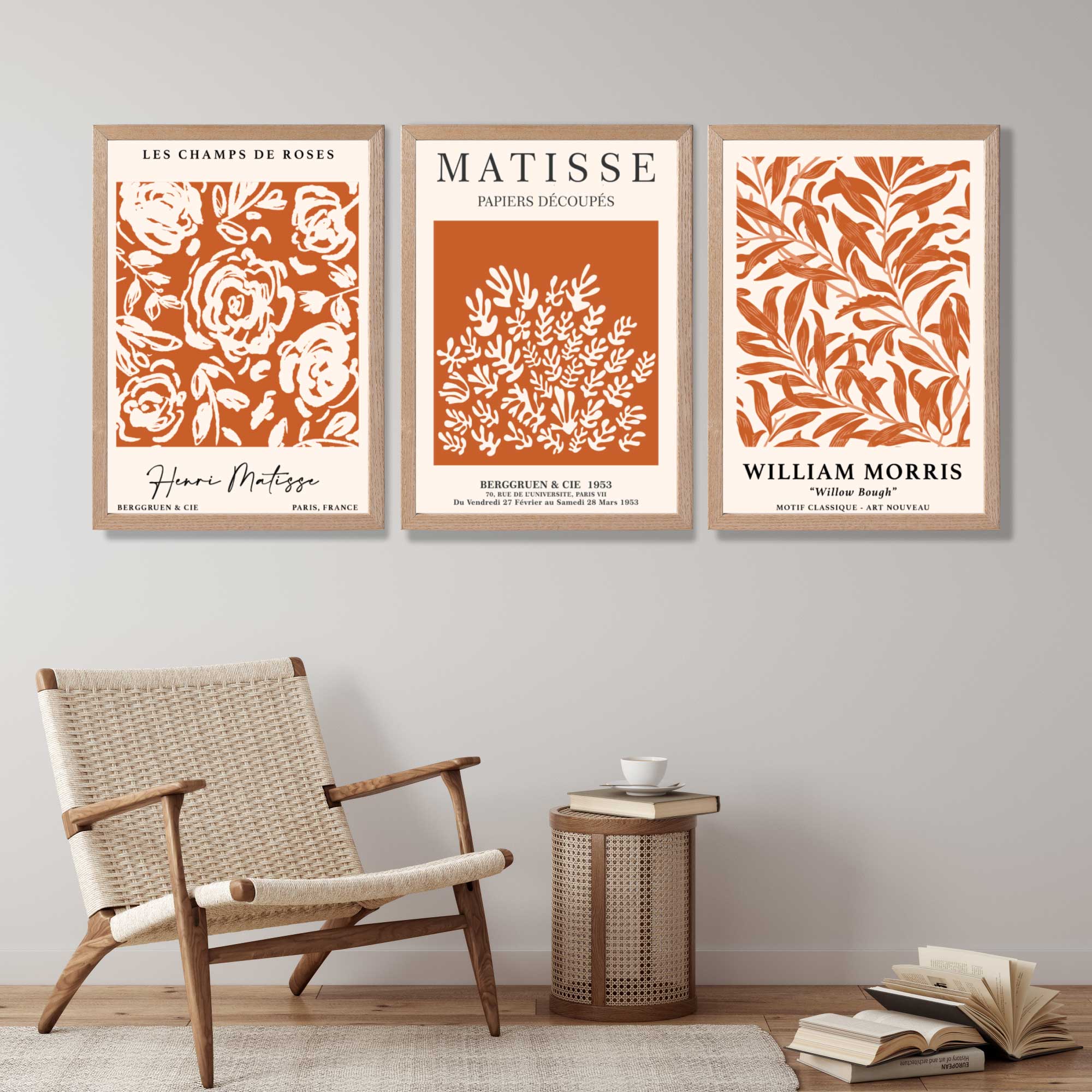 Set of 3 Matisse and William Morris Dark Orange Floral Art Prints in Oak Frames | Artze UK