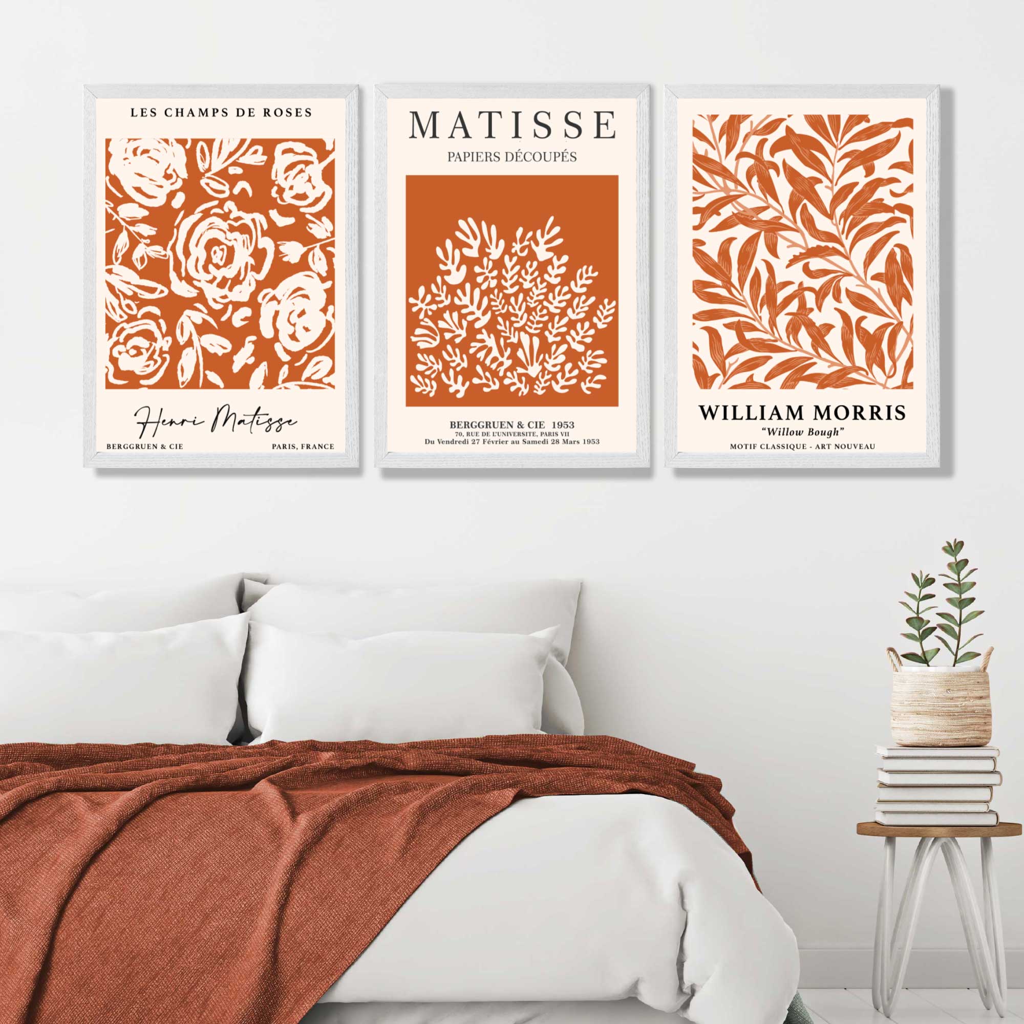 Set of 3 Matisse and William Morris Dark Orange Floral Art Prints in White Frames | Artze UK