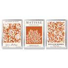 Set of 3 Matisse and William Morris Dark Orange Floral Framed Art Prints with Silver Wood Frames