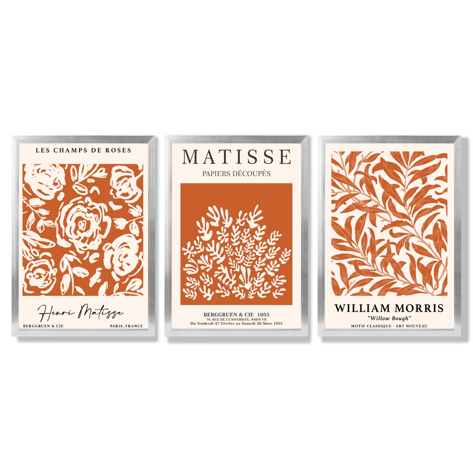 Set of 3 Matisse and William Morris Dark Orange Floral Framed Art Prints with Silver Wood Frames