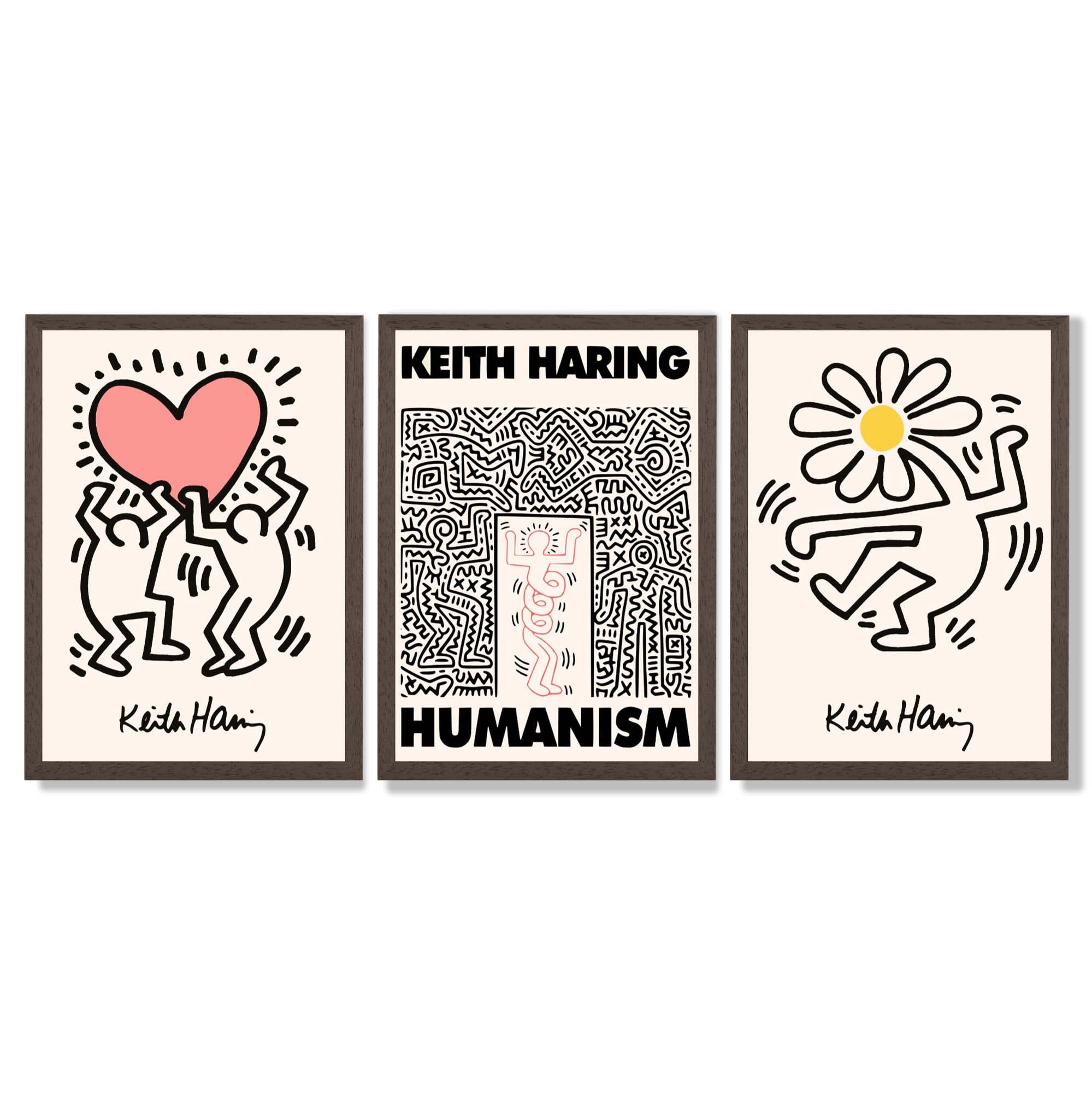 Set of 3 Keith Haring Black and Pink Framed Art Prints with Dark Wood Frames
