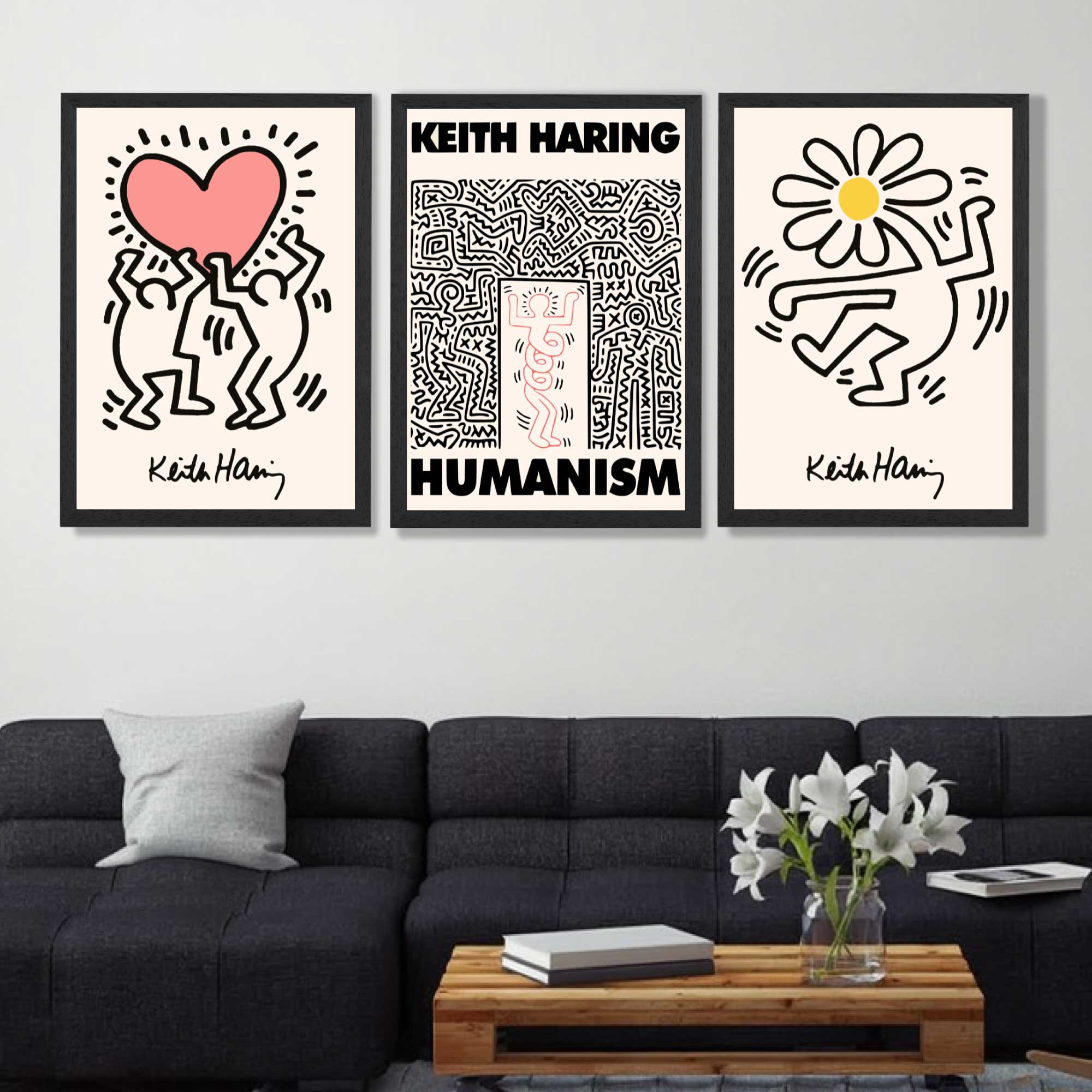 Set of 3 Keith Haring Black and Pink Art Prints in Black Frames | Artze UK