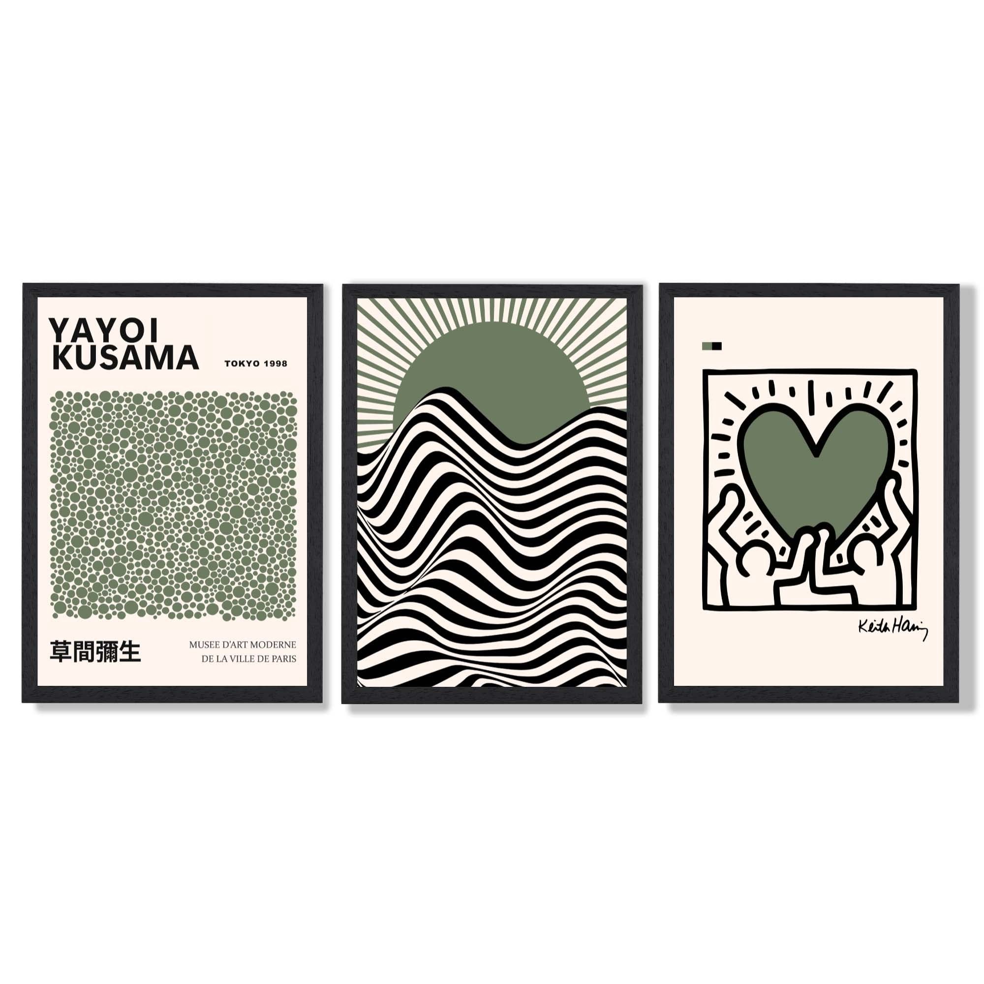 Set of 3 Yayoi Kusama,Keith Haring, Bauhaus Sage Green Framed Art Prints with Black Wooden Frames