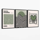 Set of 3 Yayoi Kusama,Keith Haring, Bauhaus Sage Green Canvas Art Prints with Black Float Frame