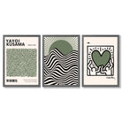 Set of 3 Yayoi Kusama,Keith Haring, Bauhaus Sage Green Framed Art Prints with Dark Grey Wooden Frames