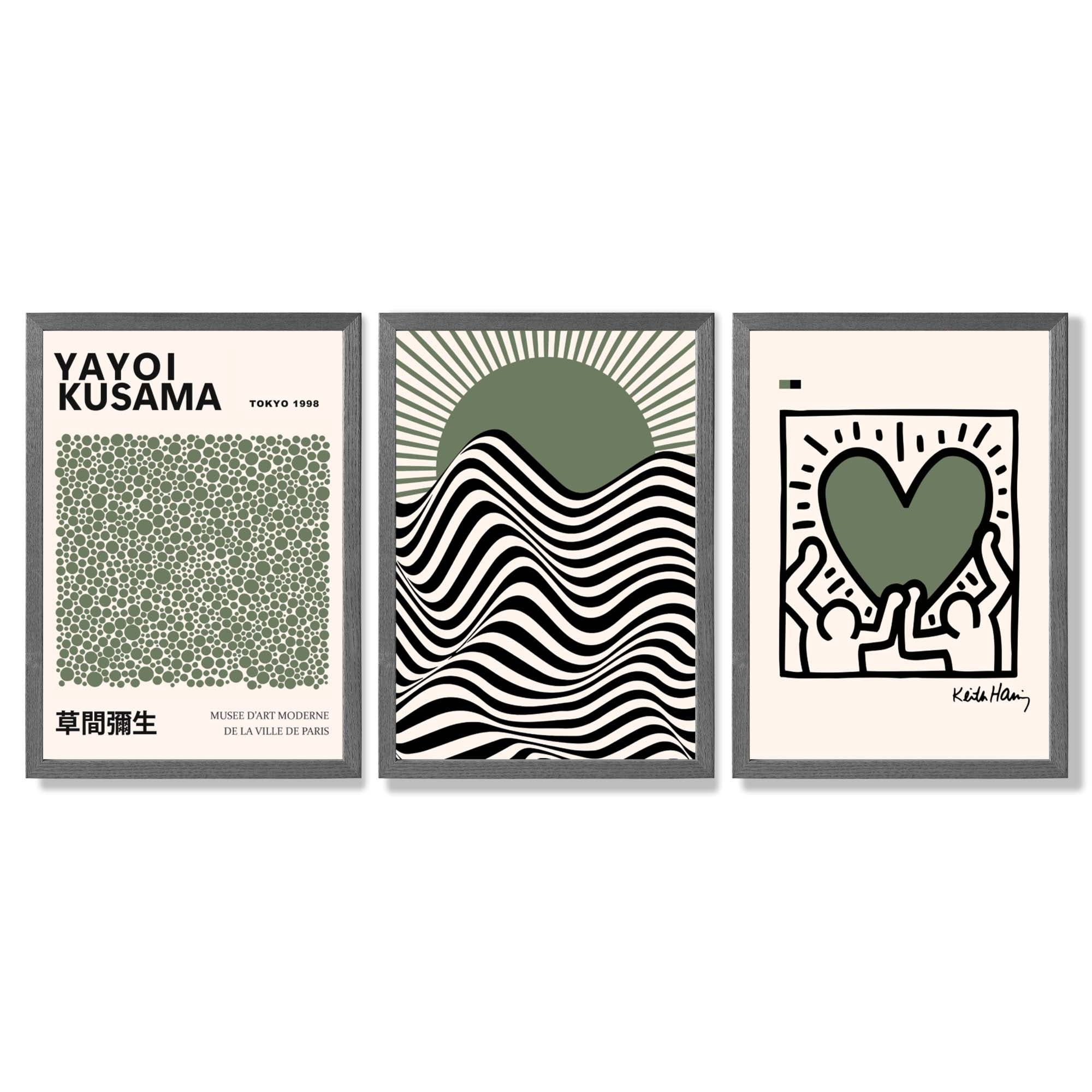 Set of 3 Yayoi Kusama,Keith Haring, Bauhaus Sage Green Framed Art Prints with Dark Grey Wooden Frames