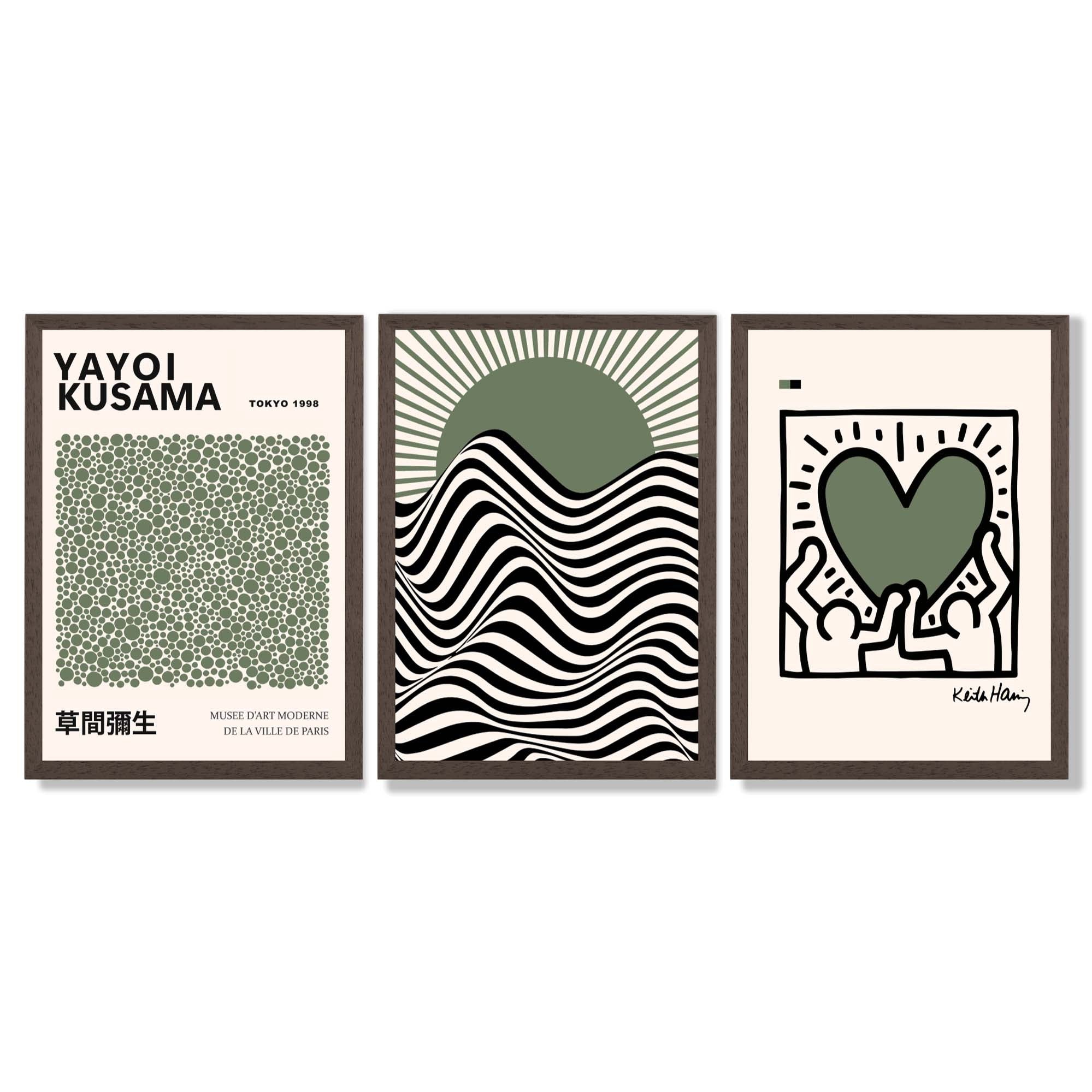 Set of 3 Yayoi Kusama,Keith Haring, Bauhaus Sage Green Framed Art Prints with Dark Wood Frames