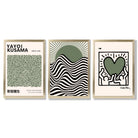 Set of 3 Yayoi Kusama,Keith Haring, Bauhaus Sage Green Framed Art Prints with Gold Wood Frames