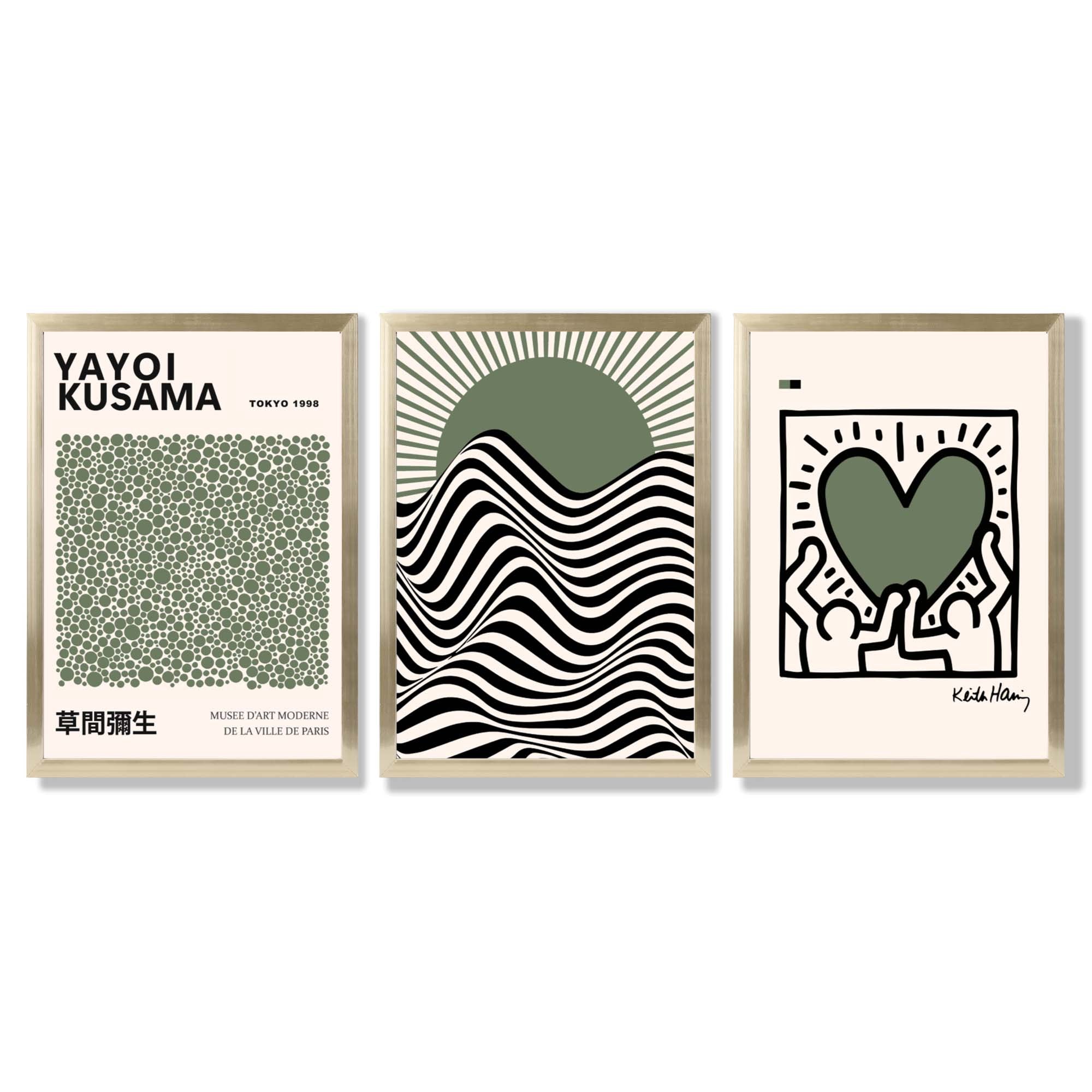 Set of 3 Yayoi Kusama,Keith Haring, Bauhaus Sage Green Framed Art Prints with Gold Wood Frames