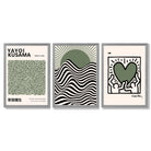 Set of 3 Yayoi Kusama,Keith Haring, Bauhaus Sage Green Framed Art Prints with Light Grey Wooden Frames