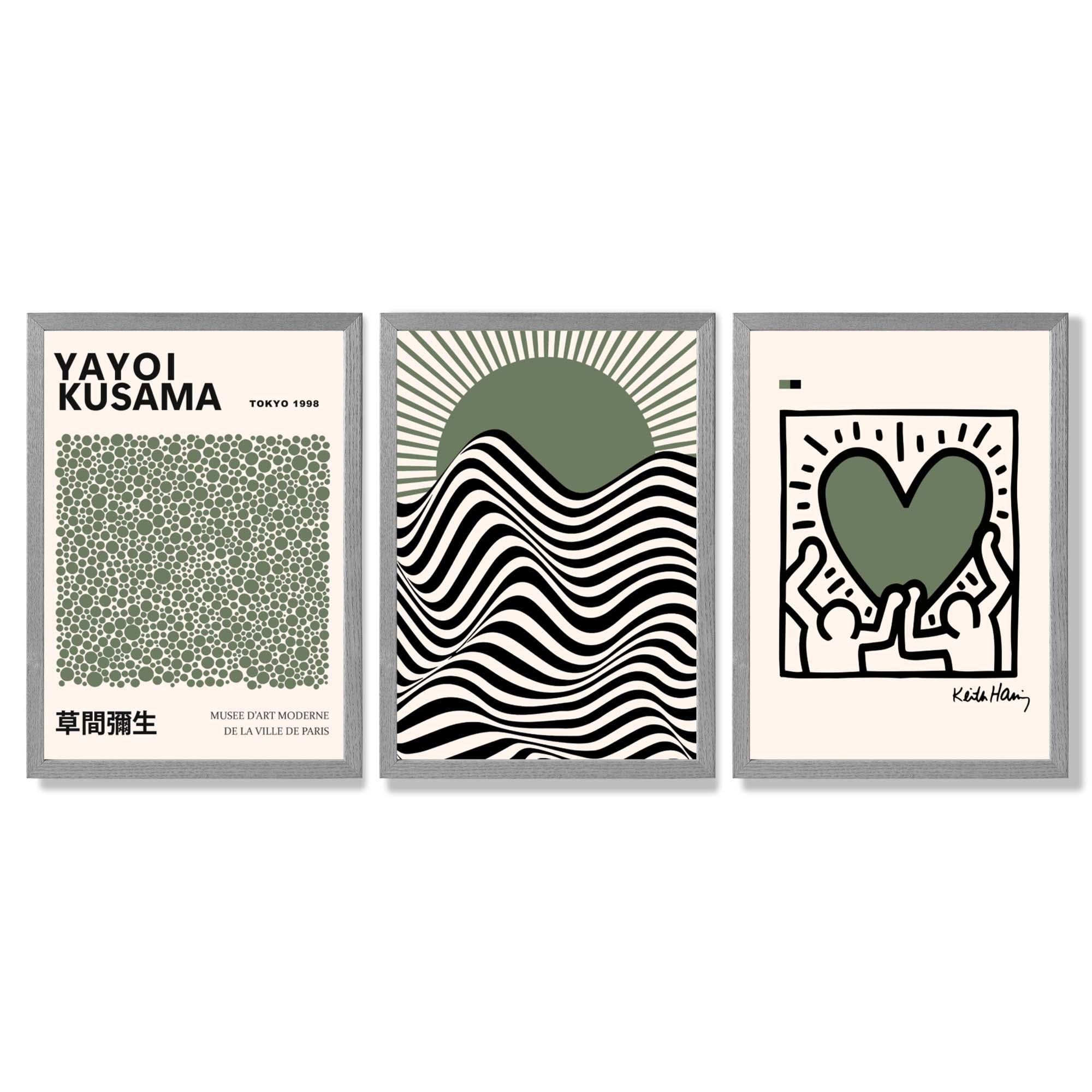 Set of 3 Yayoi Kusama,Keith Haring, Bauhaus Sage Green Framed Art Prints with Light Grey Wooden Frames
