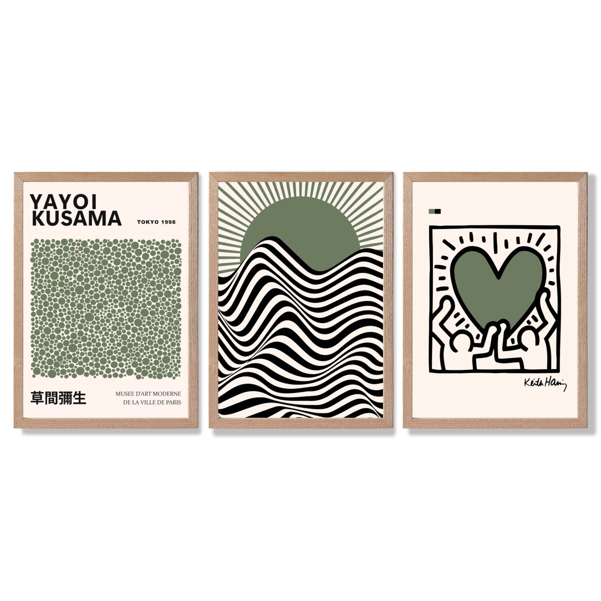 Set of 3 Yayoi Kusama,Keith Haring, Bauhaus Sage Green Framed Art Prints with Light Oak Frames