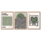 Set of 3 Yayoi Kusama,Keith Haring, Bauhaus Sage Green Framed Art Prints with Light Oak Frames
