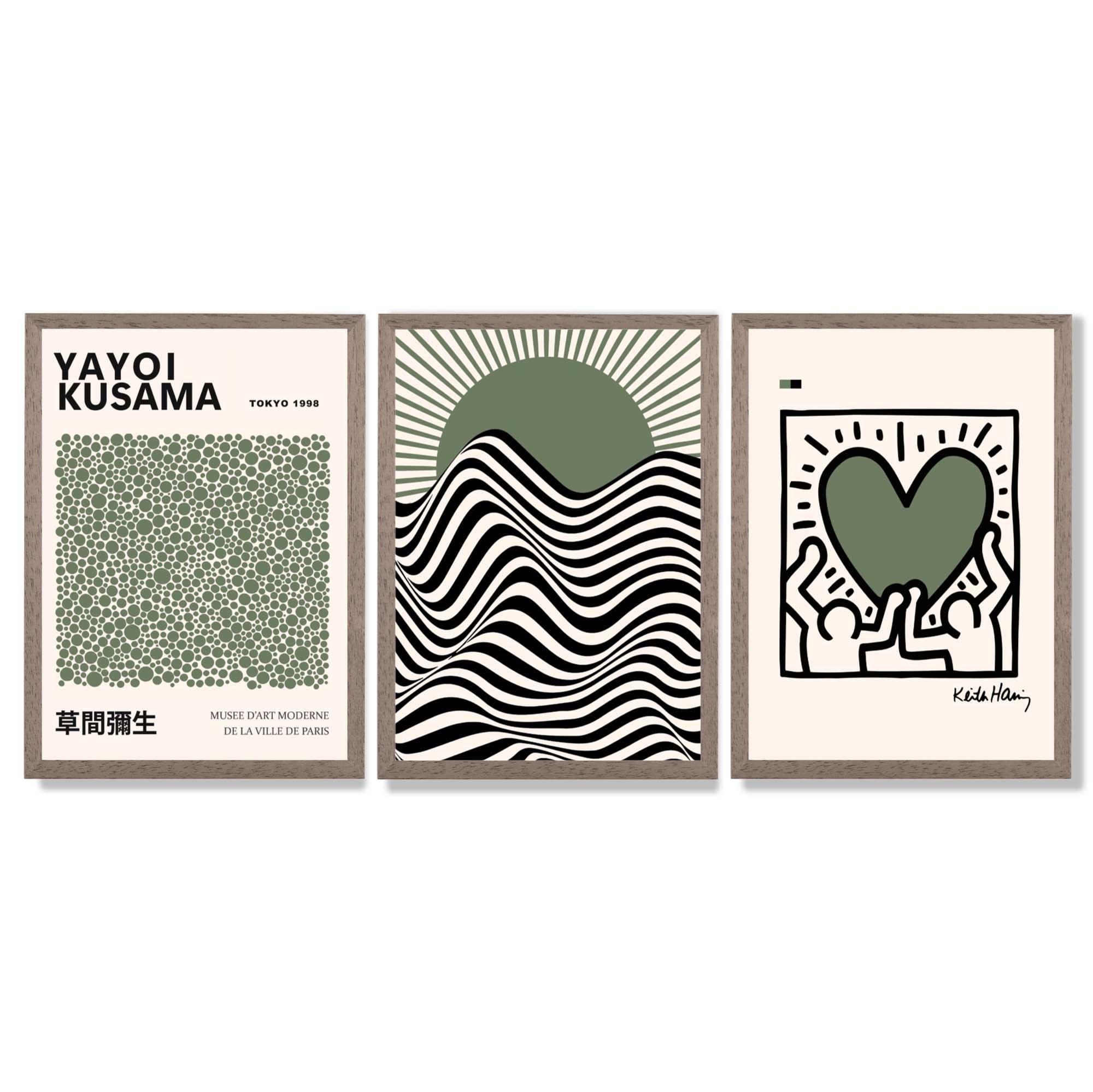 Set of 3 Yayoi Kusama,Keith Haring, Bauhaus Sage Green Framed Art Prints with Light Walnut Frames