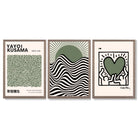 Set of 3 Yayoi Kusama,Keith Haring, Bauhaus Sage Green Framed Art Prints with Light Walnut Frames