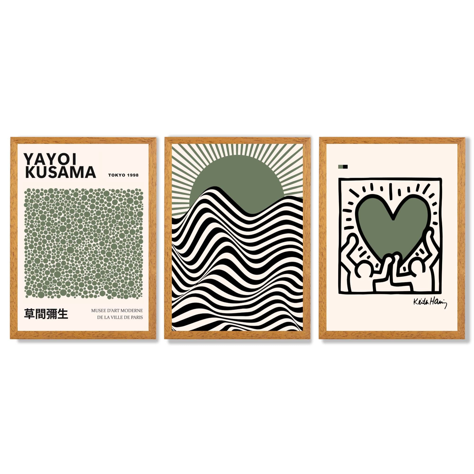 Set of 3 Yayoi Kusama,Keith Haring, Bauhaus Sage Green Framed Art Prints with Oak Wooden Frames