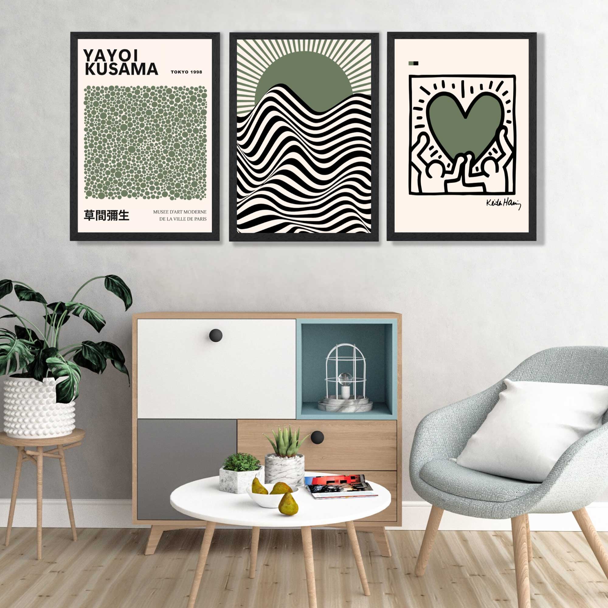 Set of 3 Yayoi Kusama,Keith Haring, Bauhaus Sage Green Framed Art Prints in Luxury Frames | Artze UK