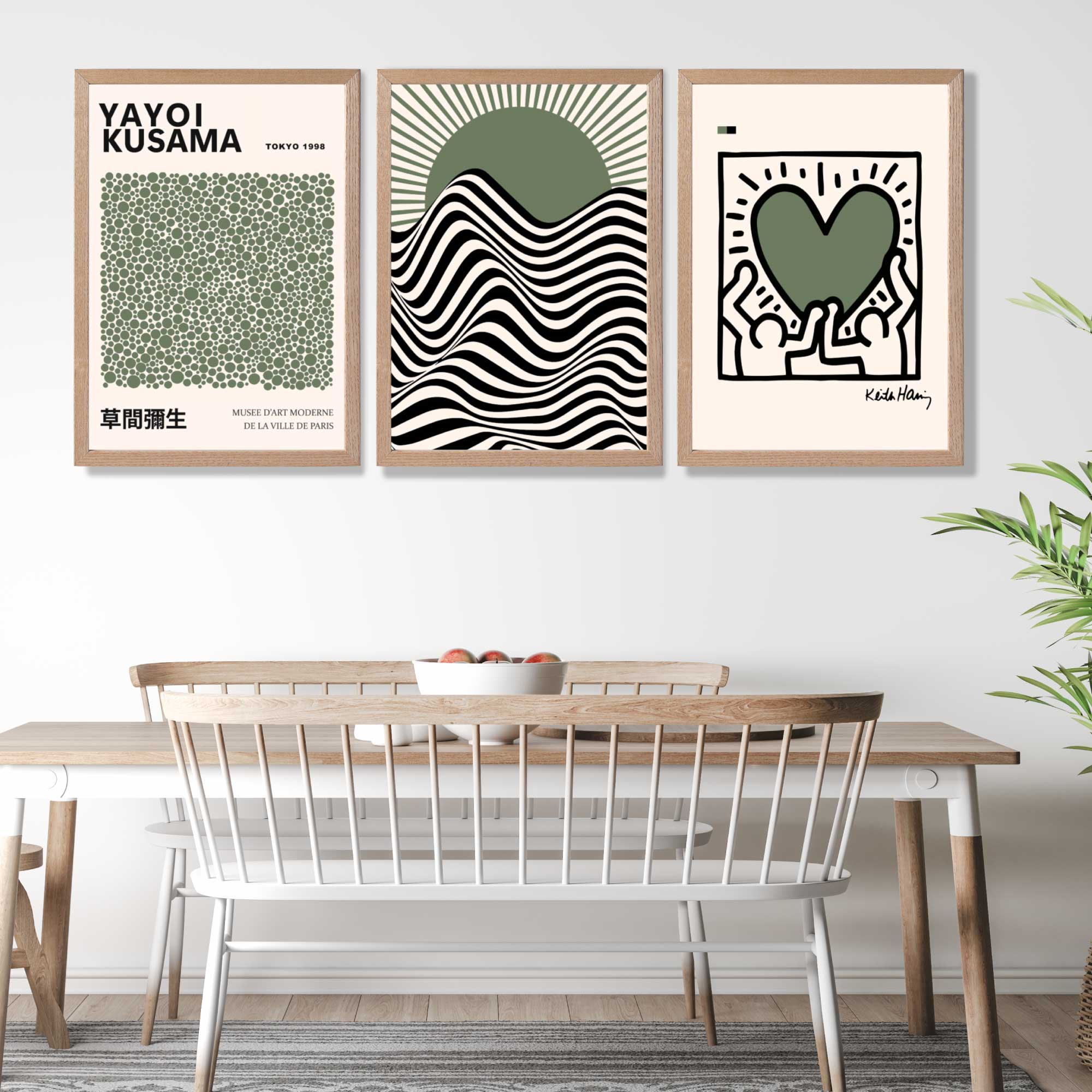 Set of 3 Yayoi Kusama,Keith Haring, Bauhaus Sage Green Art Prints in Oak Frames | Artze UK
