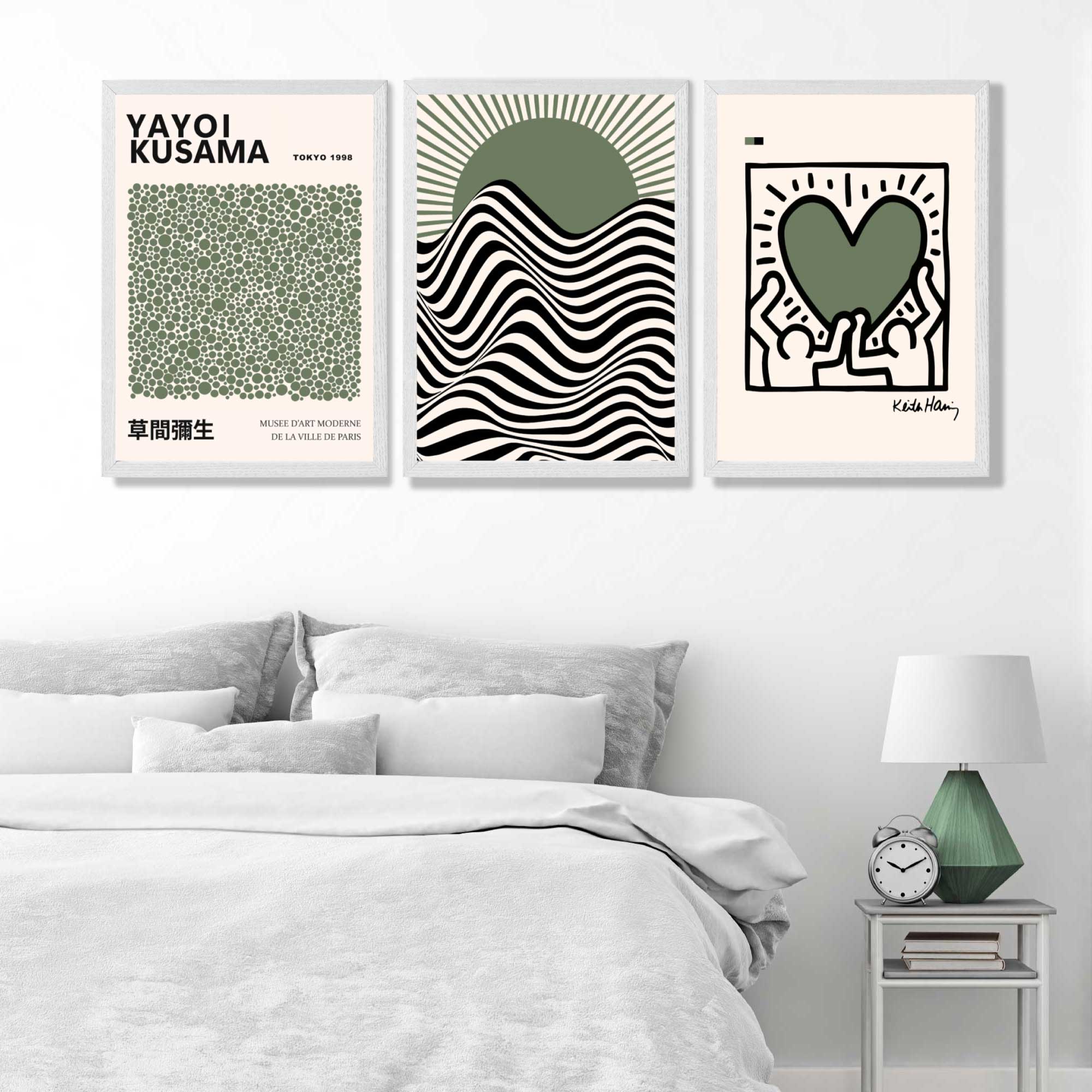 Set of 3 Yayoi Kusama,Keith Haring, Bauhaus Sage Green Art Prints in White Frames | Artze UK