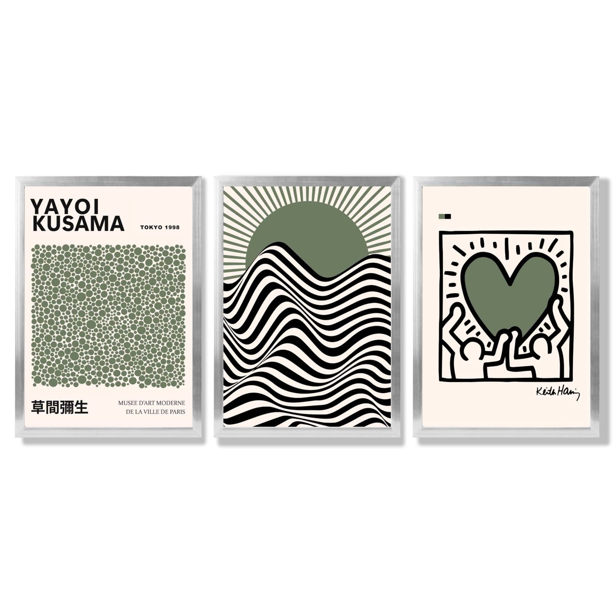 Set of 3 Yayoi Kusama,Keith Haring, Bauhaus Sage Green Framed Art Prints with Silver Wood Frames