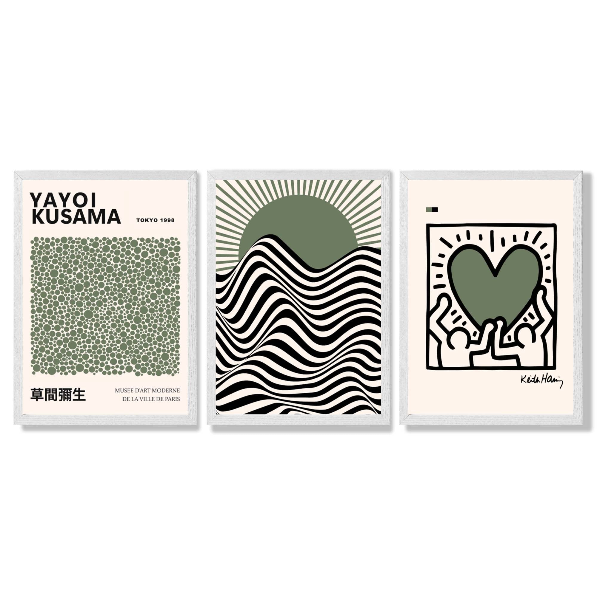 Set of 3 Yayoi Kusama,Keith Haring, Bauhaus Sage Green Framed Art Prints with White Wooden Frames