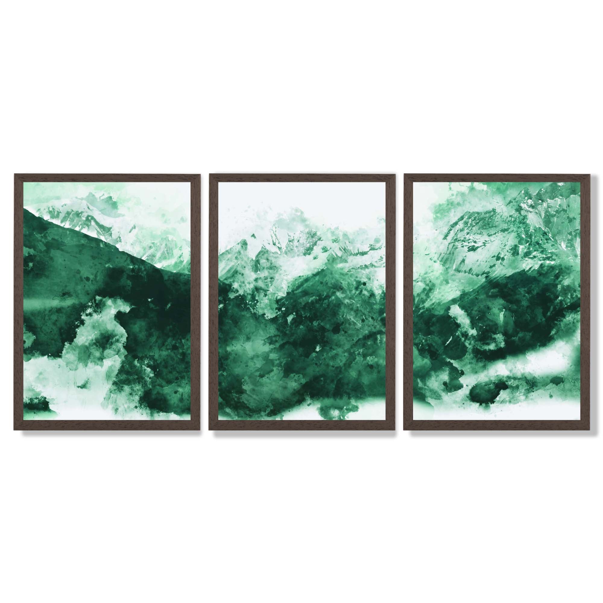 Set of 3 Abstract Green Mountains Framed Art Prints with Dark Wood Frames