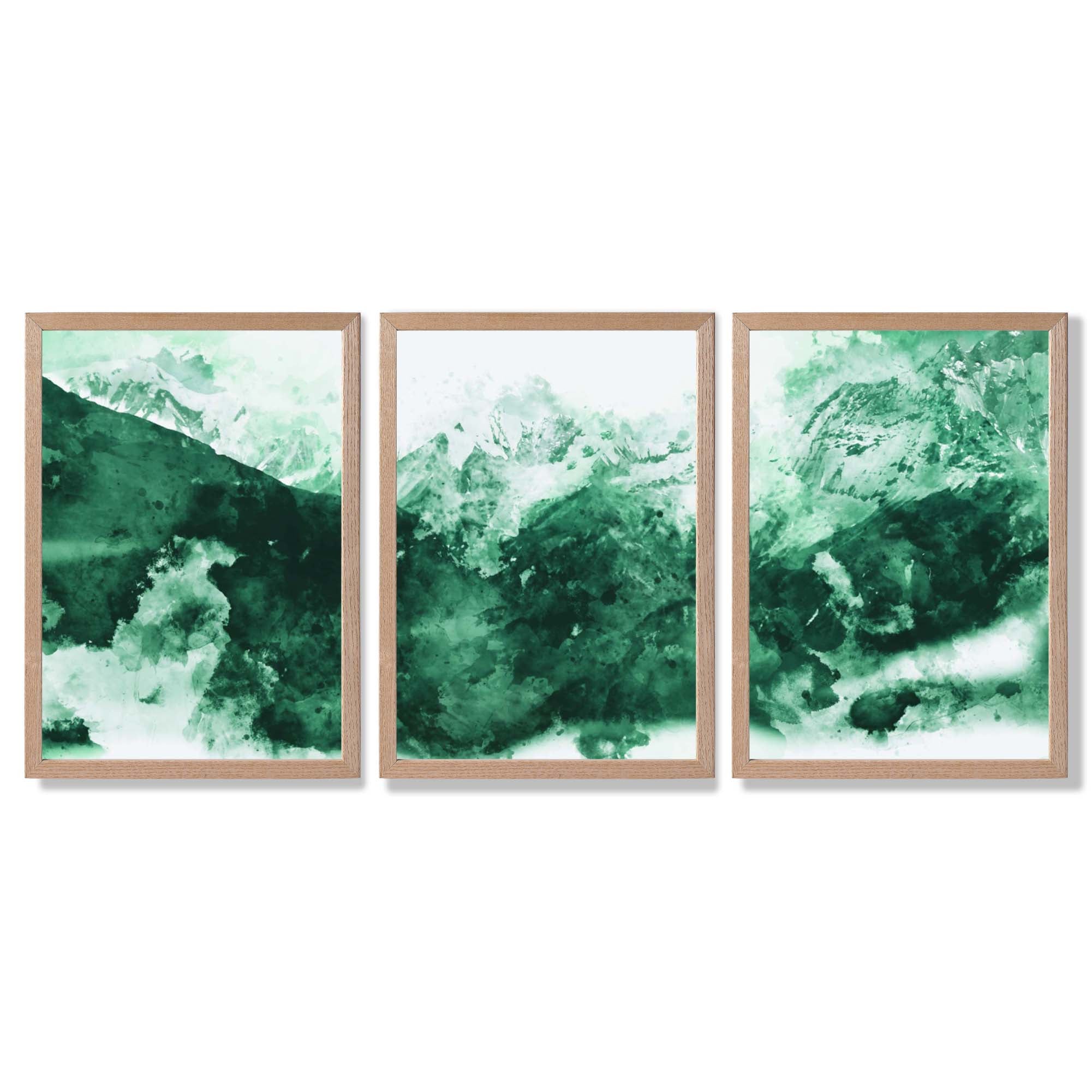 Set of 3 Abstract Green Mountains Framed Art Prints with Light Oak Frames