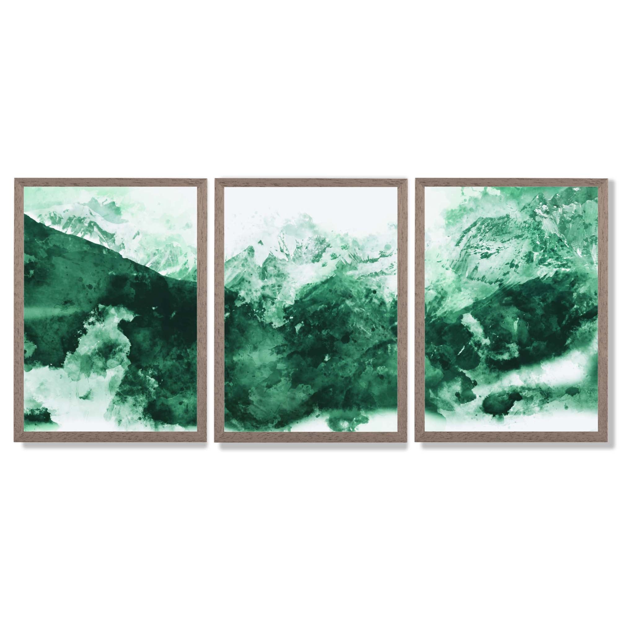 Set of 3 Abstract Green Mountains Framed Art Prints with Light Walnut Frames
