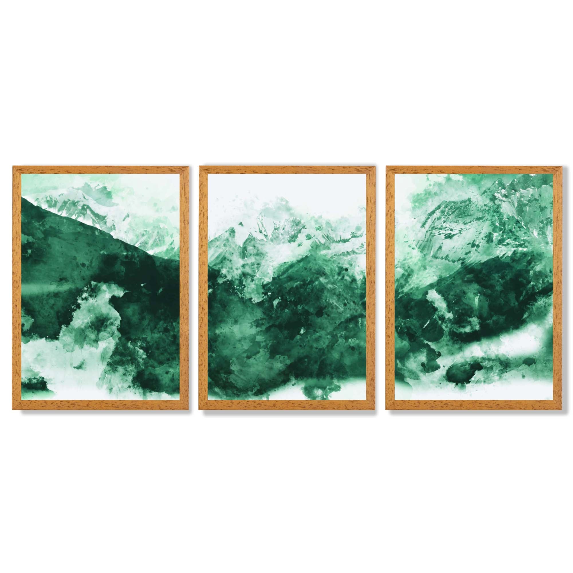 Set of 3 Abstract Green Mountains Framed Art Prints with Oak Wooden Frames