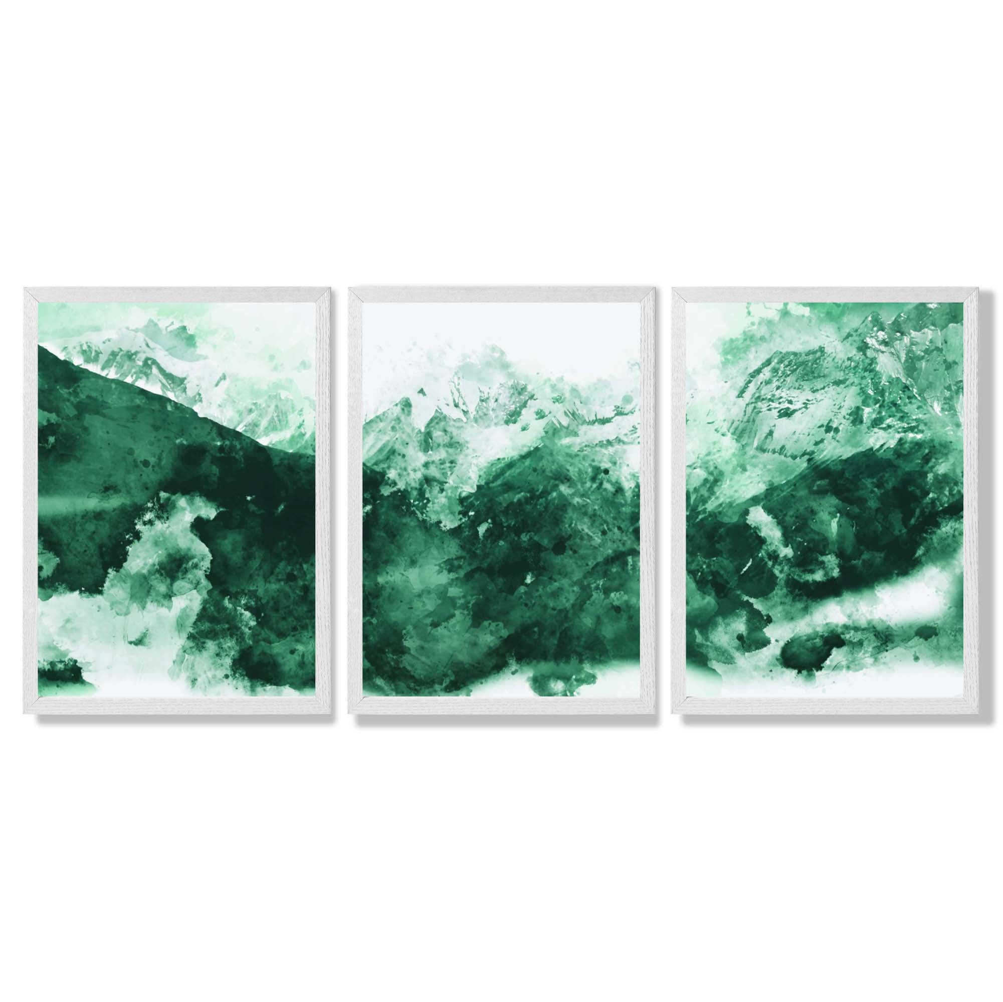 Set of 3 Abstract Green Mountains Framed Art Prints with White Wooden Frames