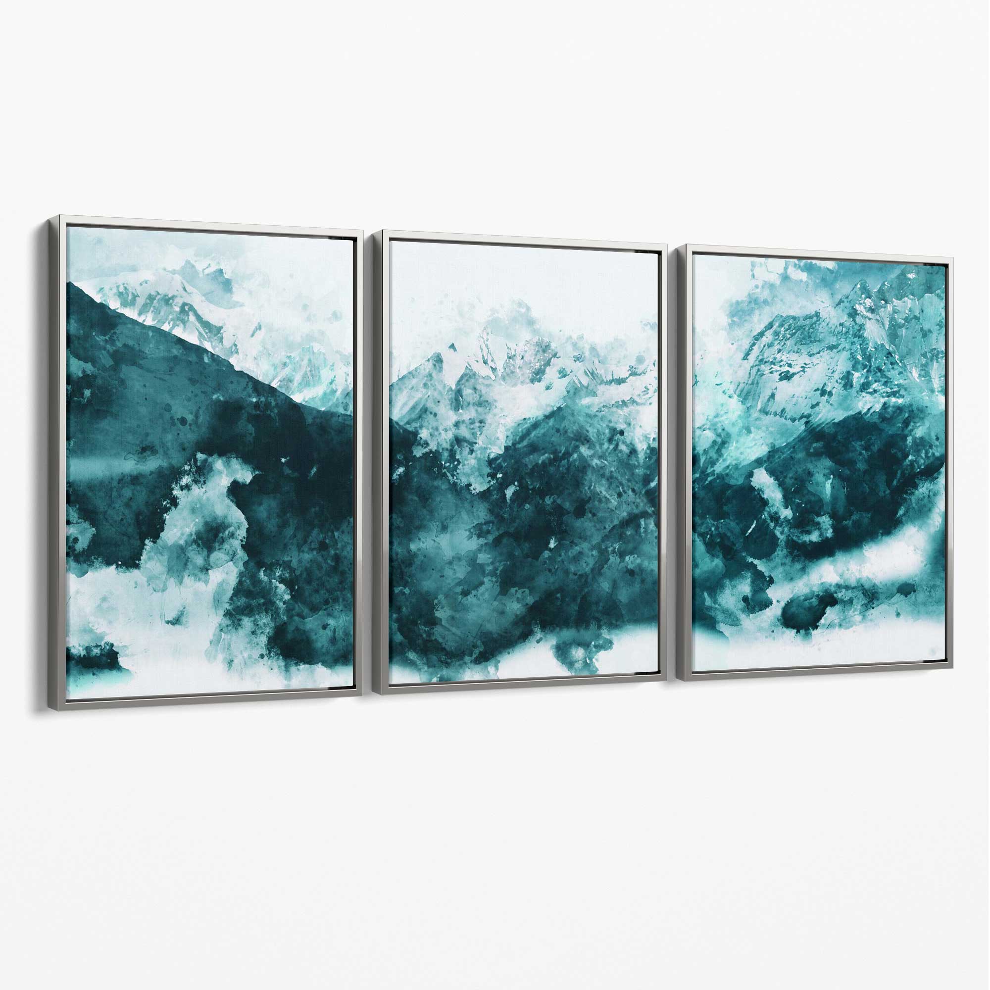 Set of 3 Abstract Teal Blue Mountains Canvas Art Prints with Silver Float Frame