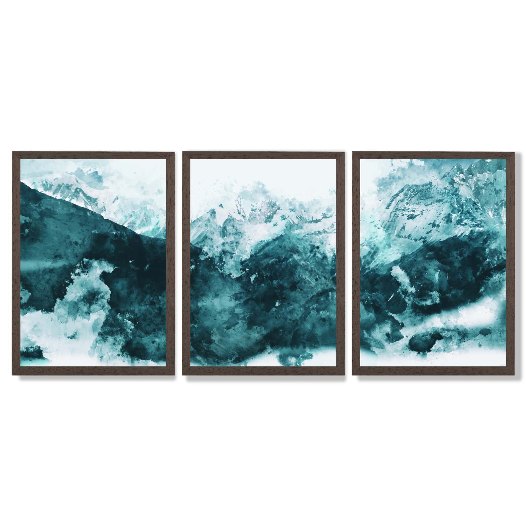 Set of 3 Abstract Teal Blue Mountains Framed Art Prints with Dark Wood Frames