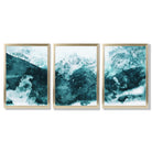 Set of 3 Abstract Teal Blue Mountains Framed Art Prints with Gold Wood Frames