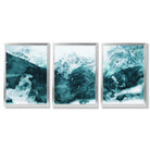 Set of 3 Abstract Teal Blue Mountains Framed Art Prints with Silver Wood Frames