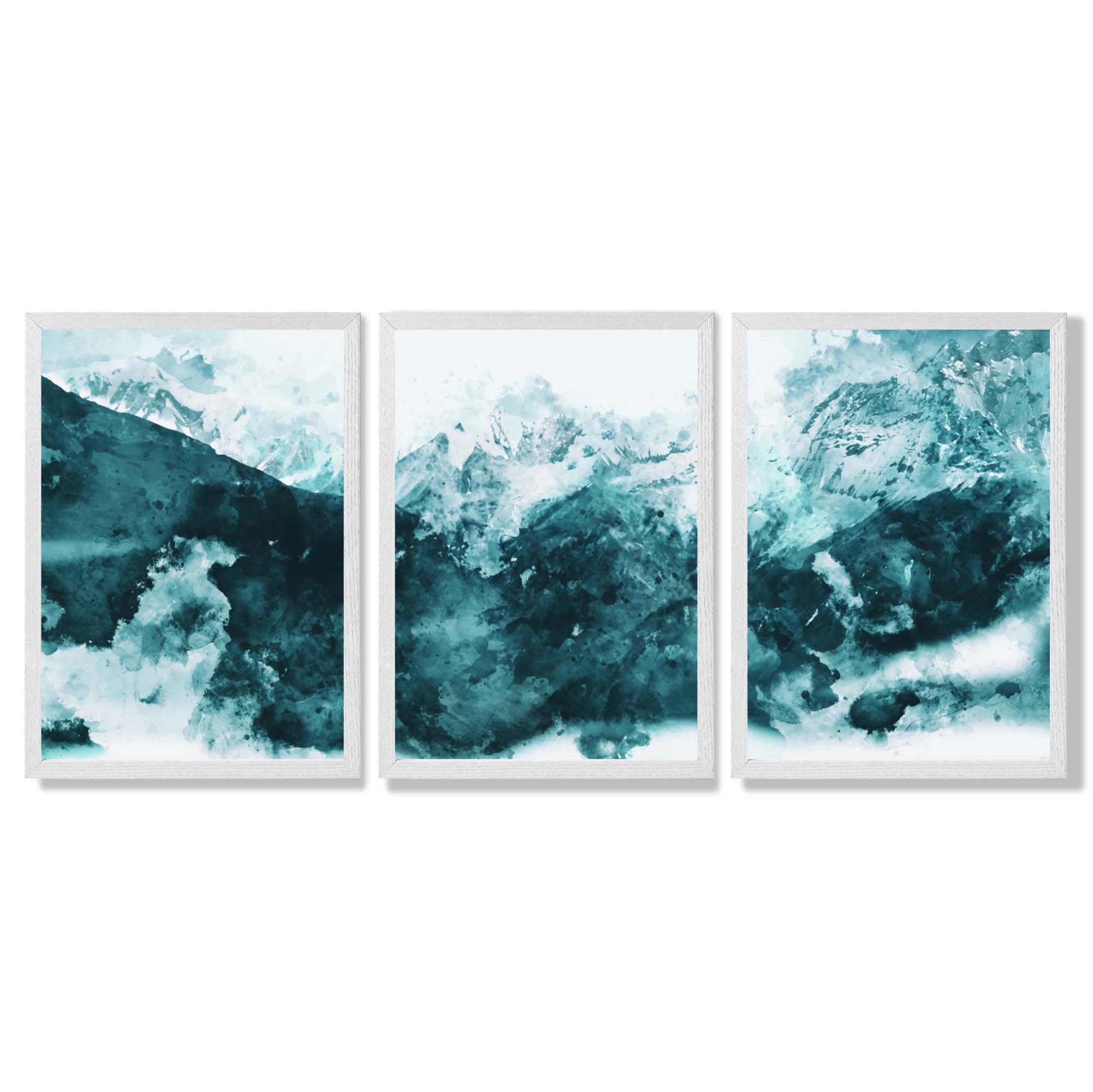 Set of 3 Abstract Teal Blue Mountains Framed Art Prints with White Wooden Frames