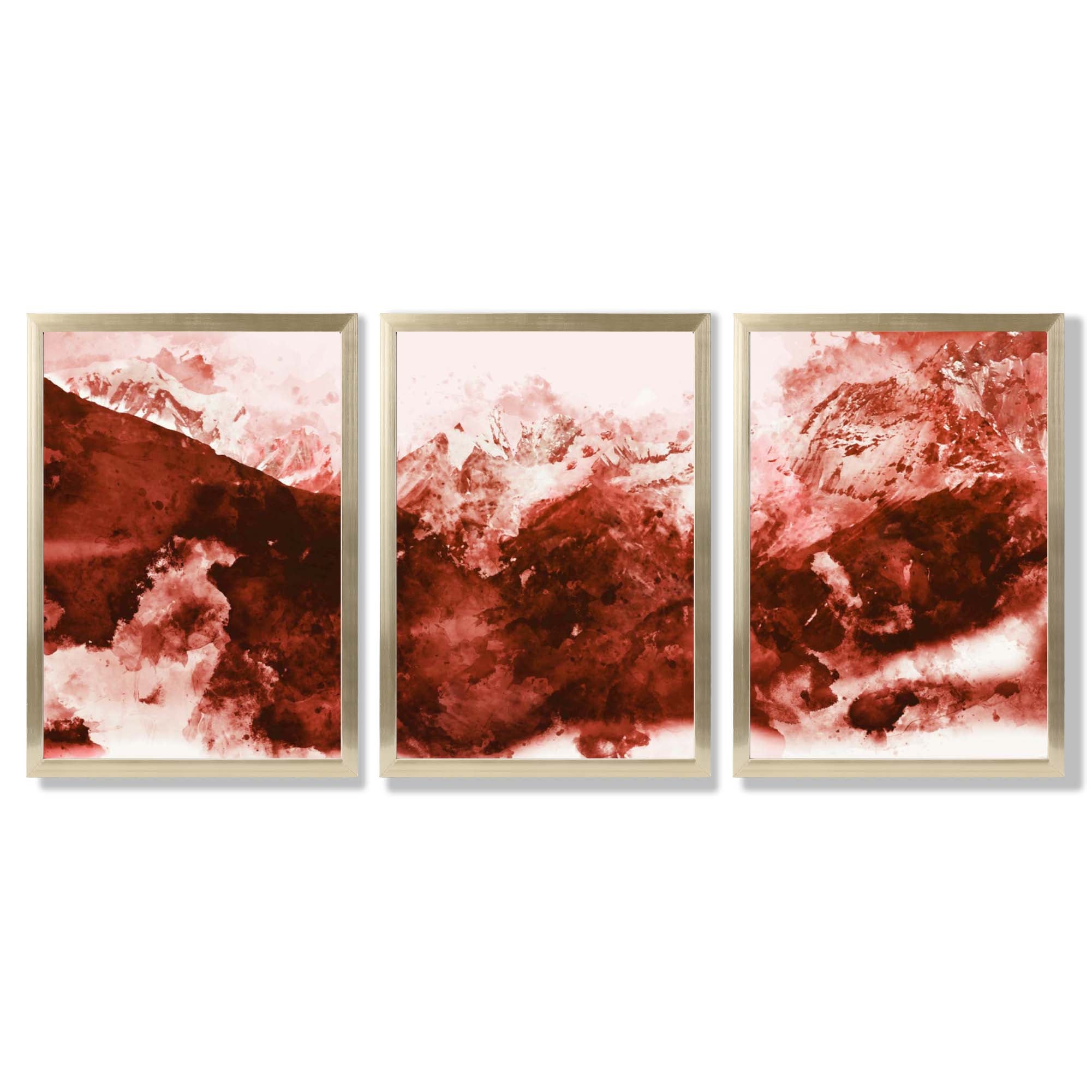 Set of 3 Abstract Dark Orange Mountains Framed Art Prints with Gold Wood Frames