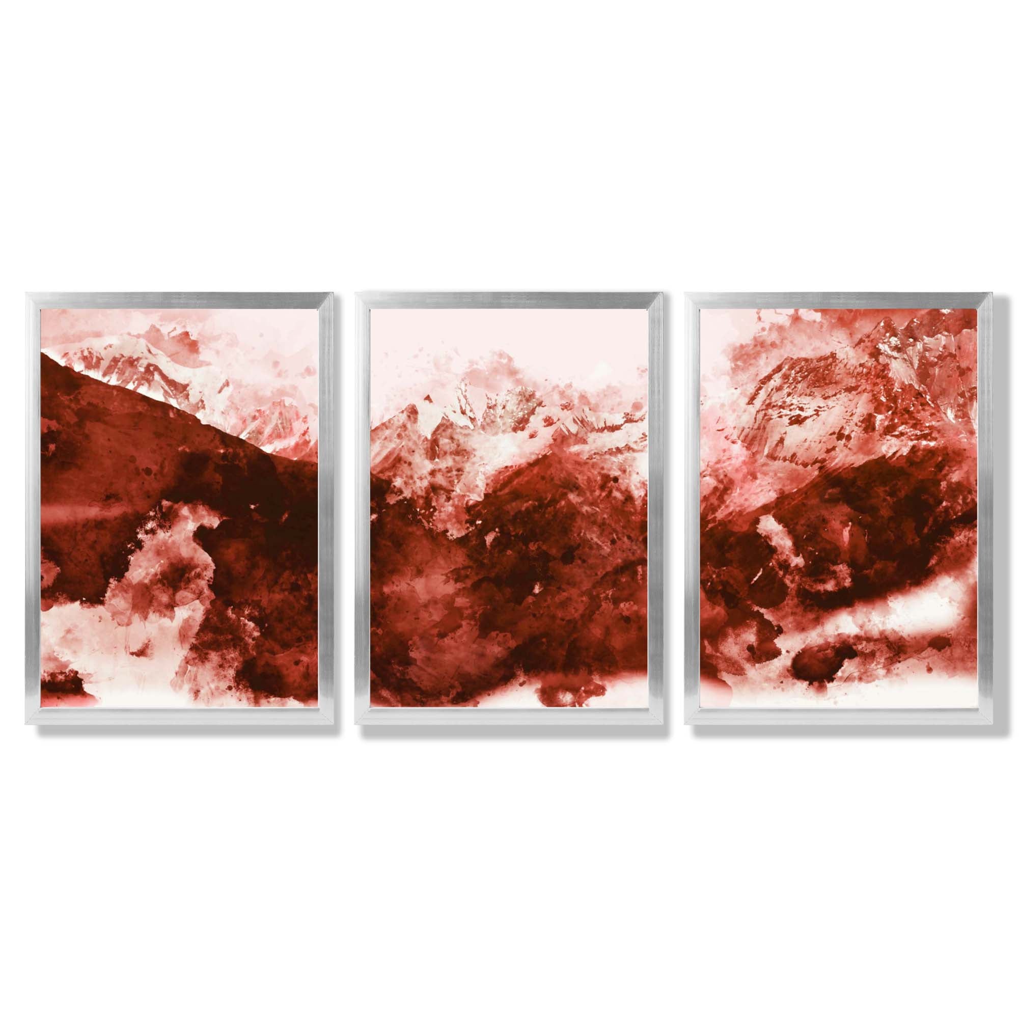 Set of 3 Abstract Dark Orange Mountains Framed Art Prints with Silver Wood Frames