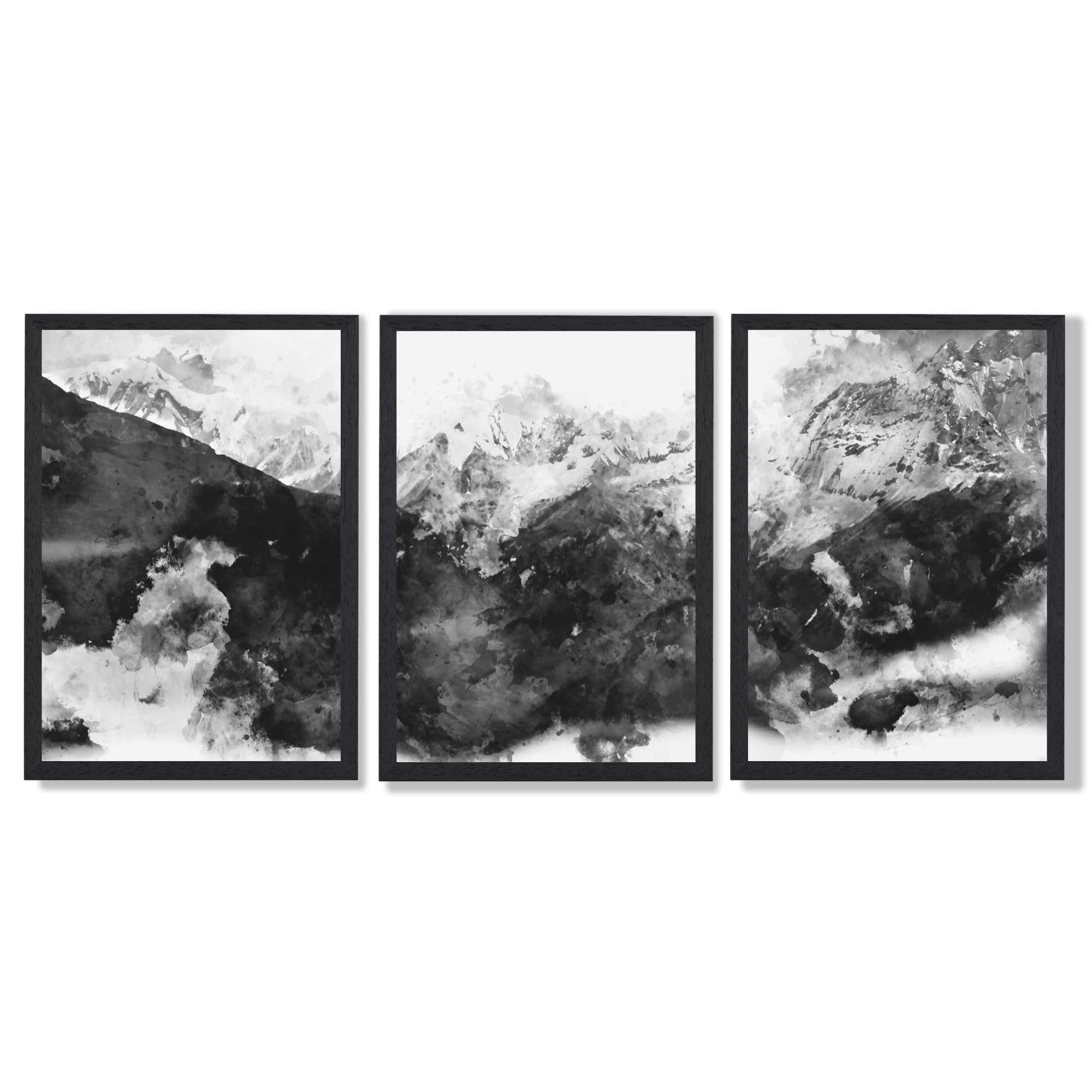 Set of 3 Abstract Black and Grey Mountains Framed Art Prints with Black Wooden Frames