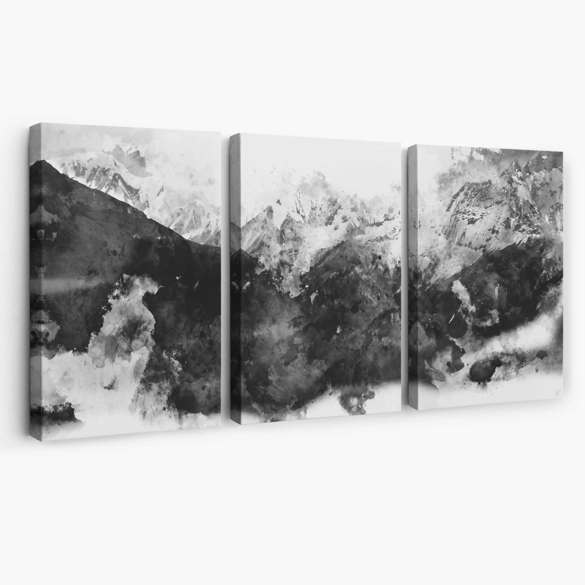 Set of 3 Abstract Black and Grey Mountains Canvas Art Prints | Artze Wall Art