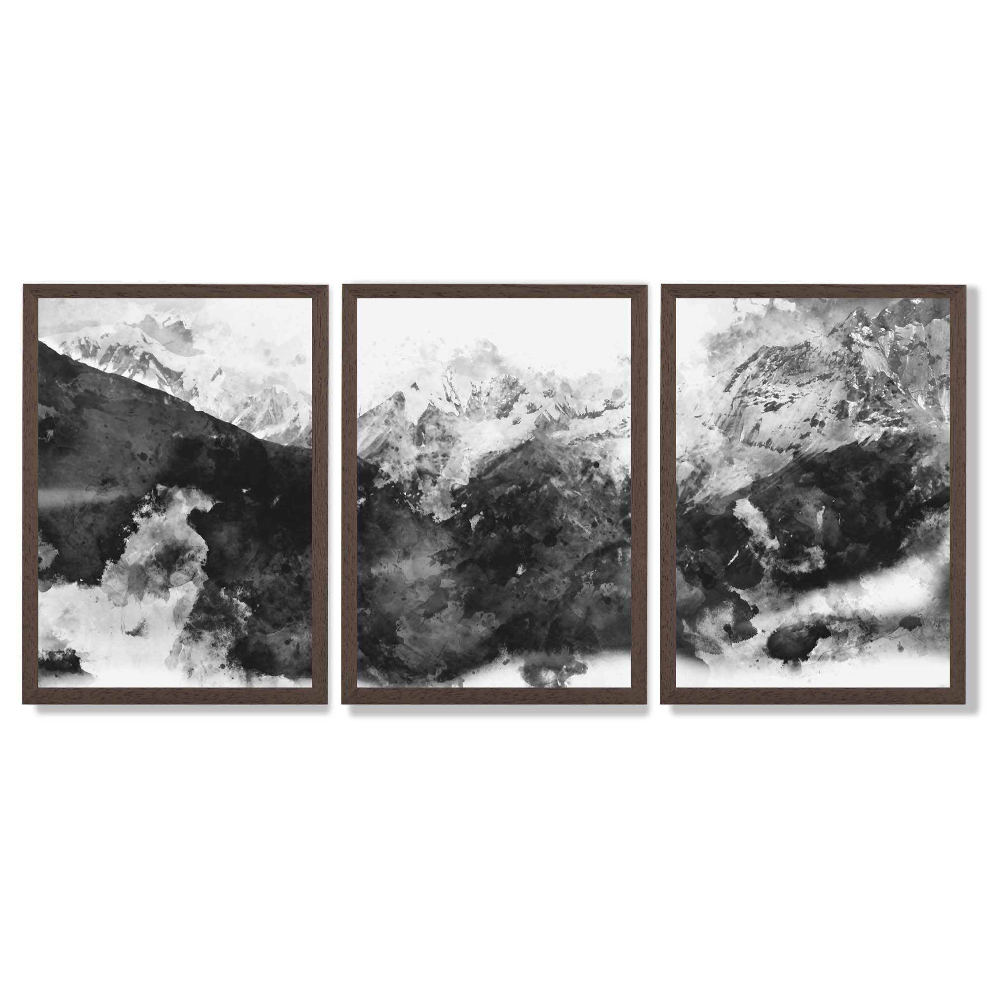 Set of 3 Abstract Black and Grey Mountains Framed Art Prints with Dark Wood Frames