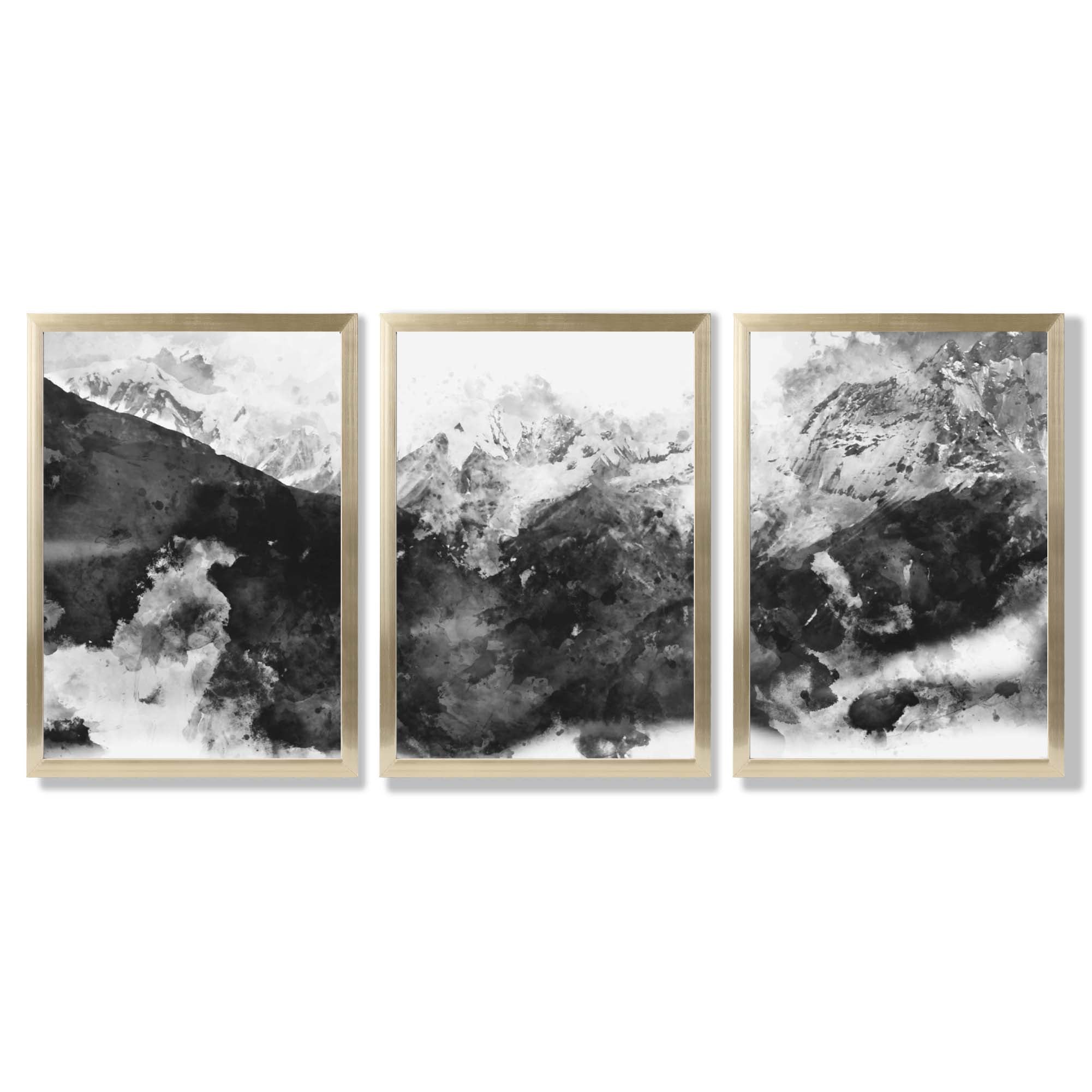 Set of 3 Abstract Black and Grey Mountains Framed Art Prints with Gold Wood Frames