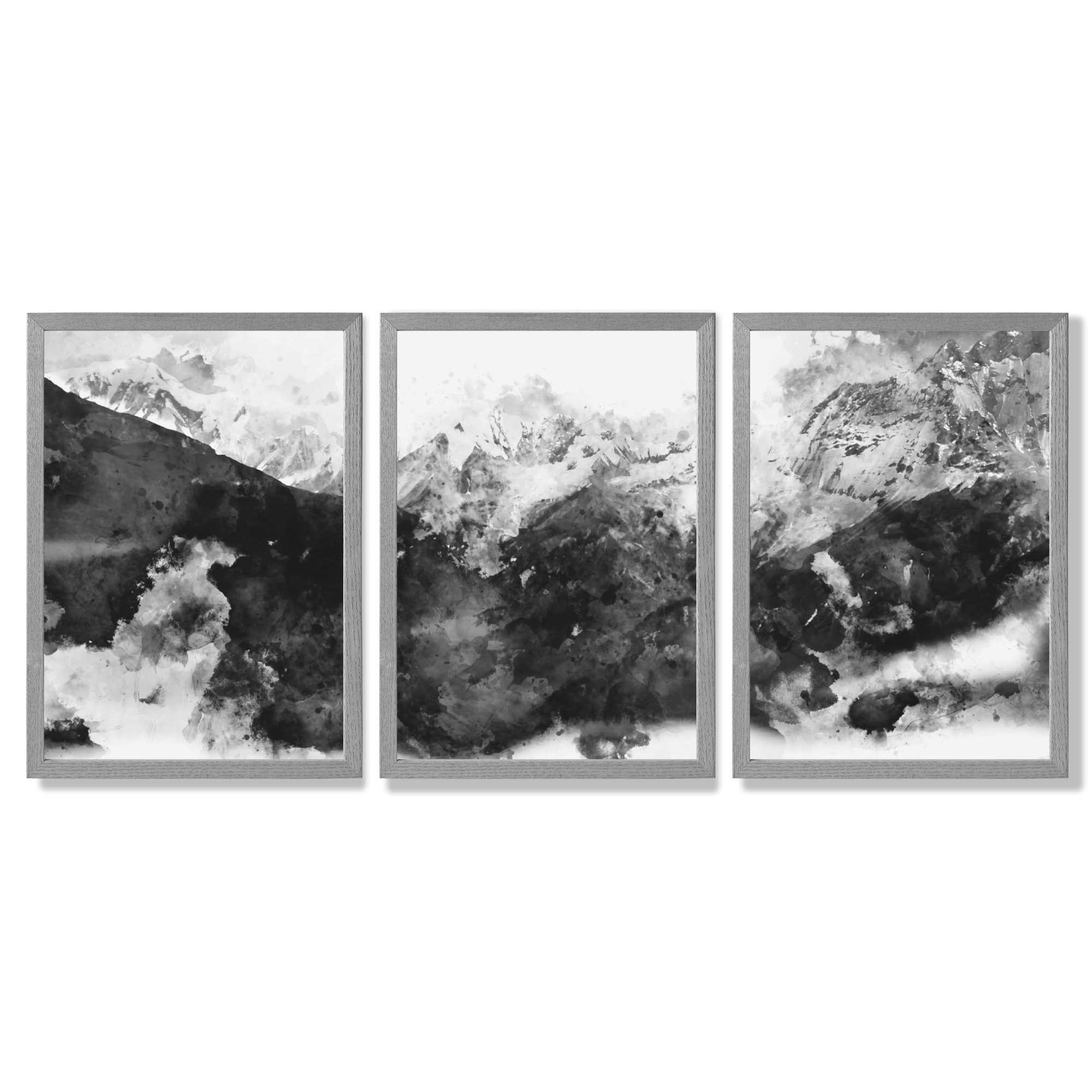 Set of 3 Abstract Black and Grey Mountains Framed Art Prints with Light Grey Wooden Frames