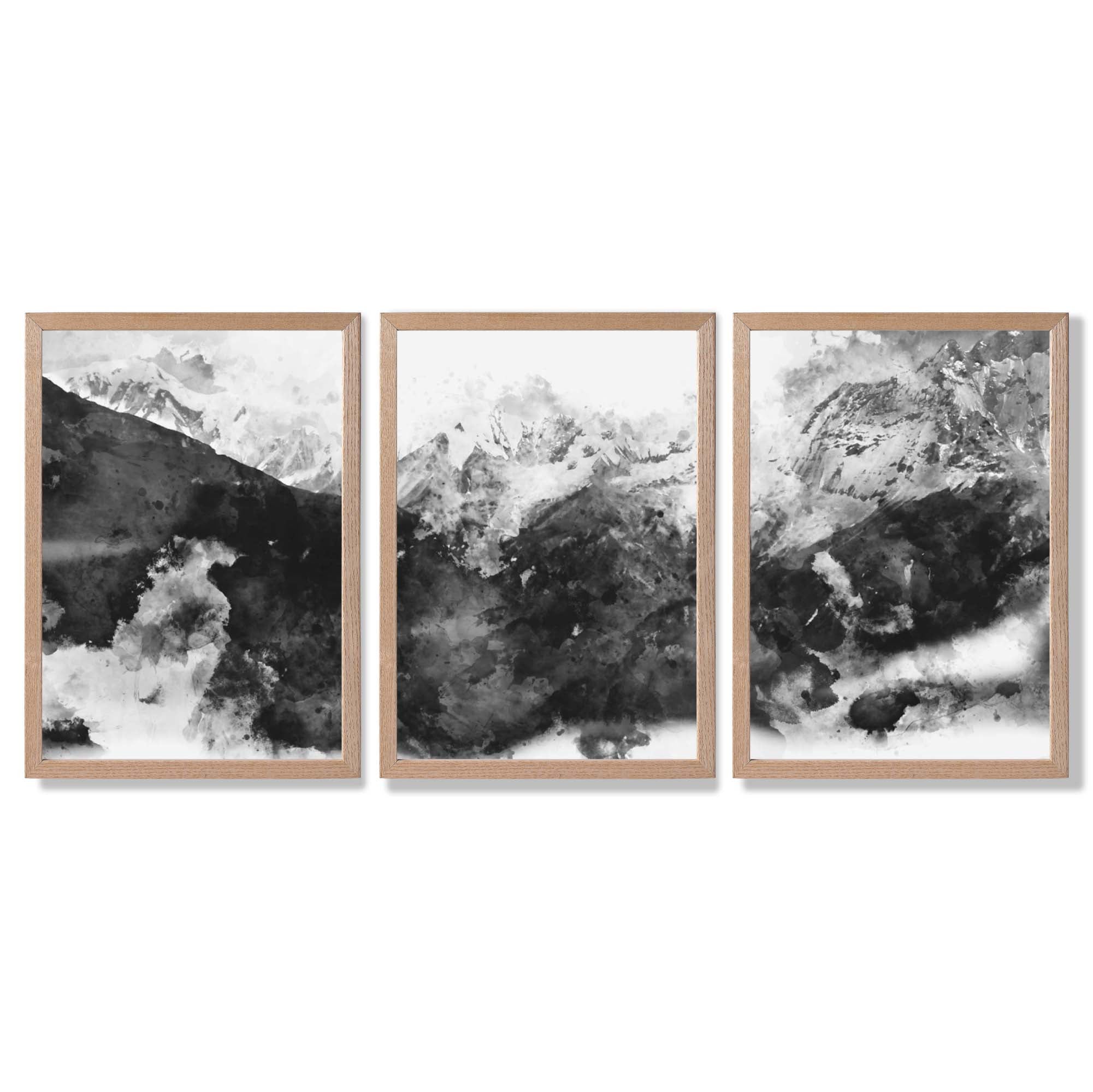 Set of 3 Abstract Black and Grey Mountains Framed Art Prints with Light Oak Frames