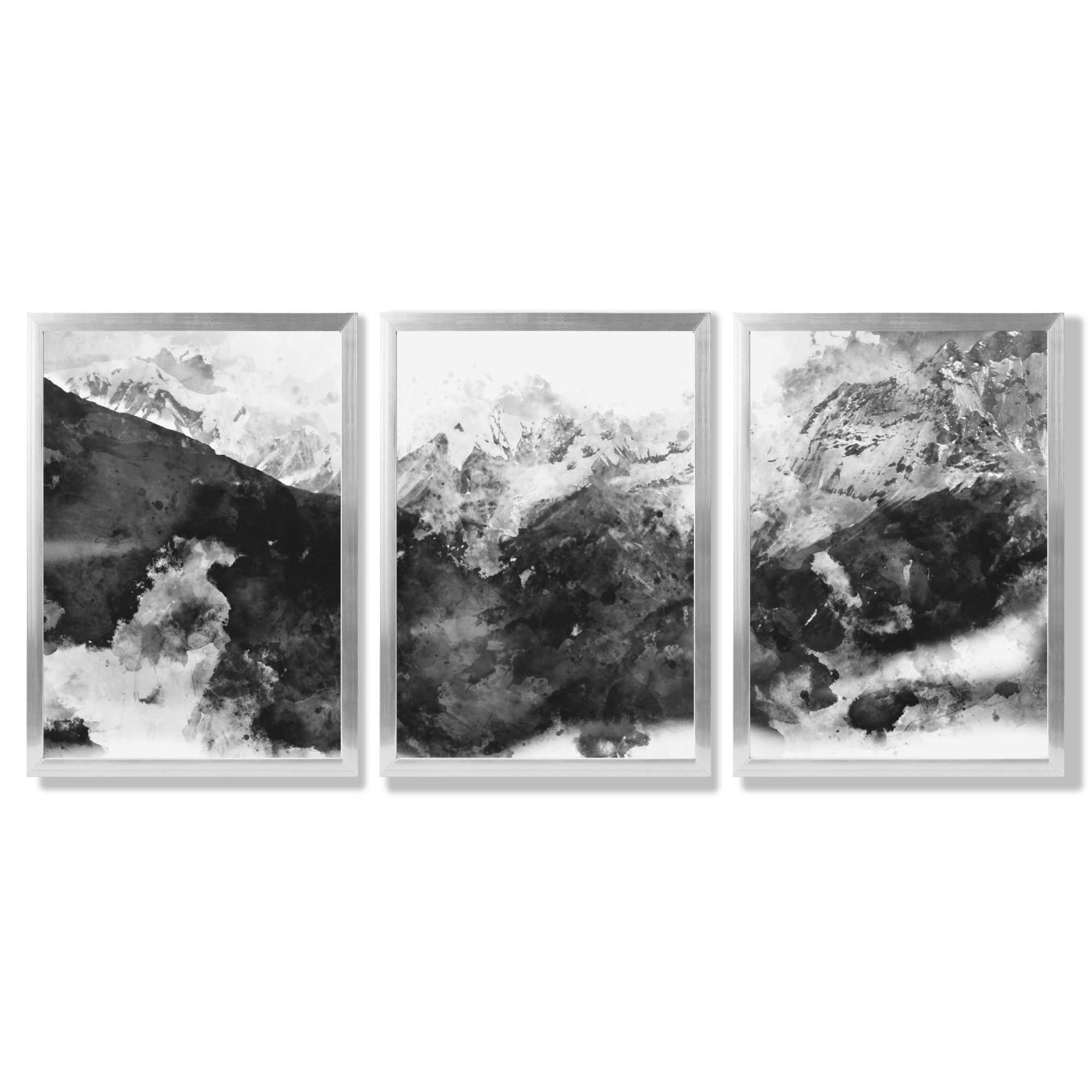 Set of 3 Abstract Black and Grey Mountains Framed Art Prints with Silver Wood Frames