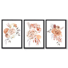 Set of 3 Caramel Roses Floral Framed Art Prints with Black Wooden Frames