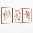 Set of 3 Caramel Roses Floral Canvas Art Prints with Oak Float Frame