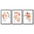 Set of 3 Caramel Roses Floral Framed Art Prints with Dark Grey Wooden Frames
