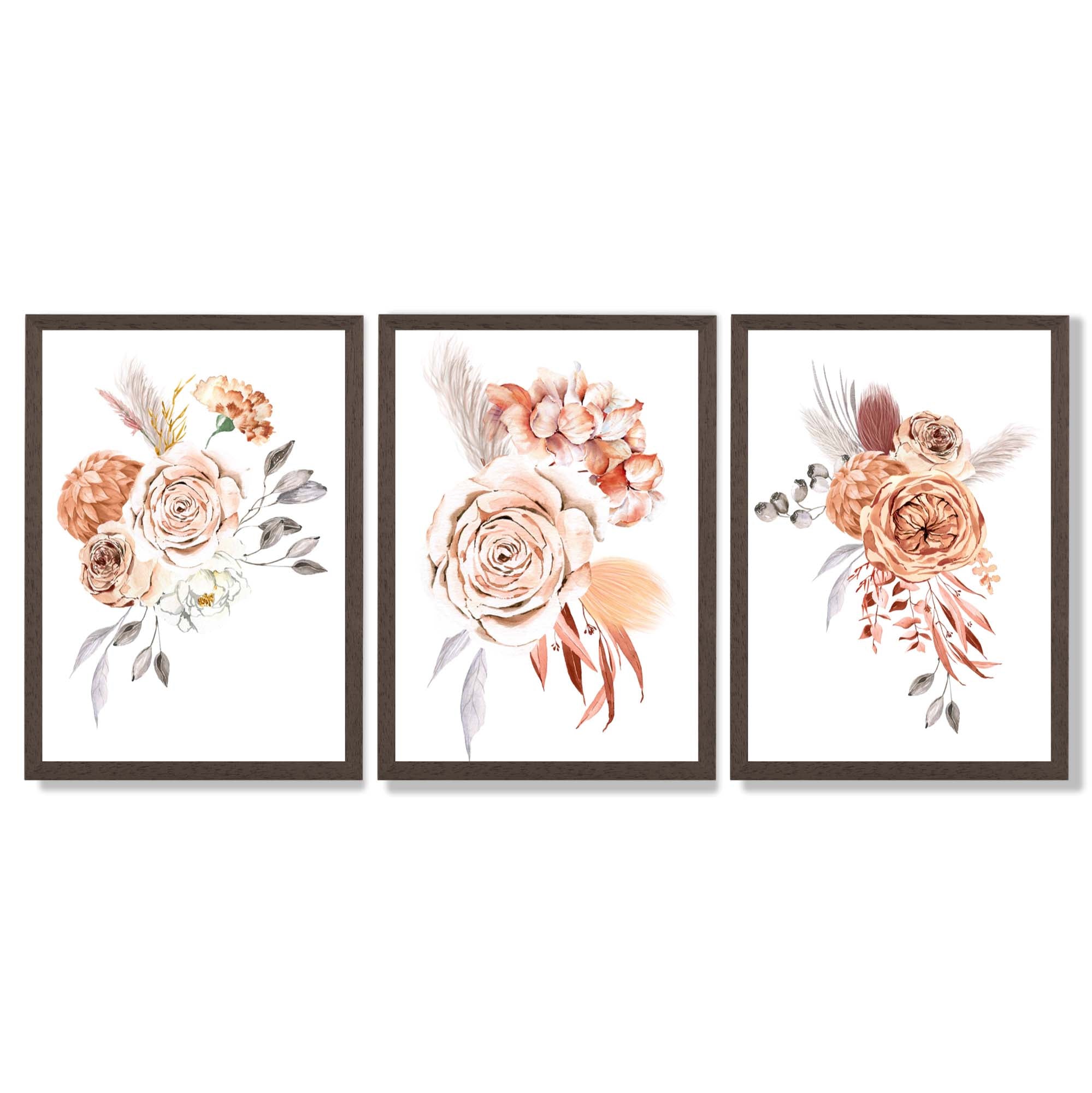 Set of 3 Caramel Roses Floral Framed Art Prints with Dark Wood Frames