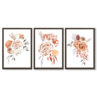 Set of 3 Caramel Roses Floral Framed Art Prints with Dark Wood Frames